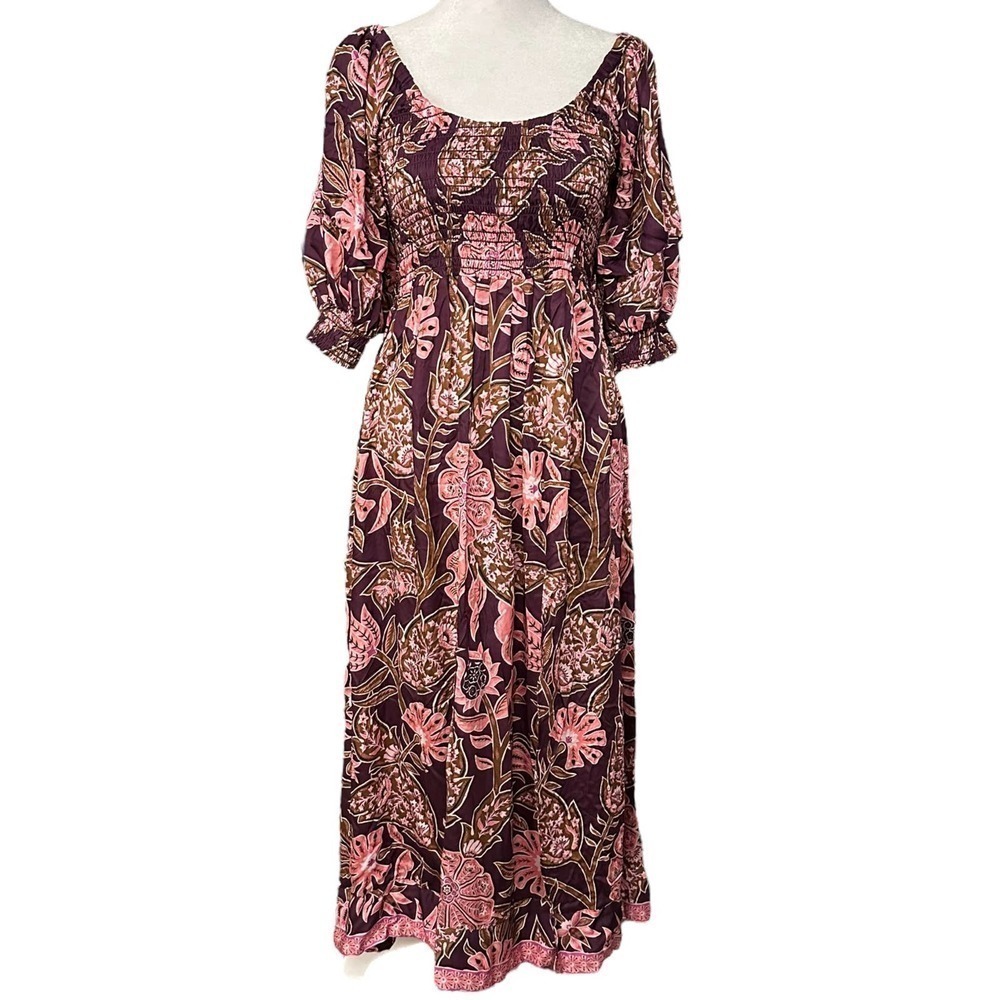 Nwt Omika Brown Balloon Sleeve Ruched Upper High Waist Blair Midi Dress Sz Small